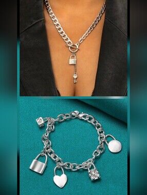 Silver Padlock & Key Charm Toggle Necklace and Bracelet Set